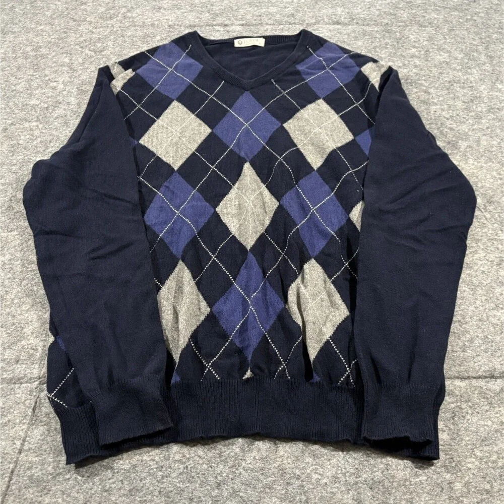 J CREW Preppy Sweater Mens Cashmere Cotton Argyle Pullover Blue Sz L Academia